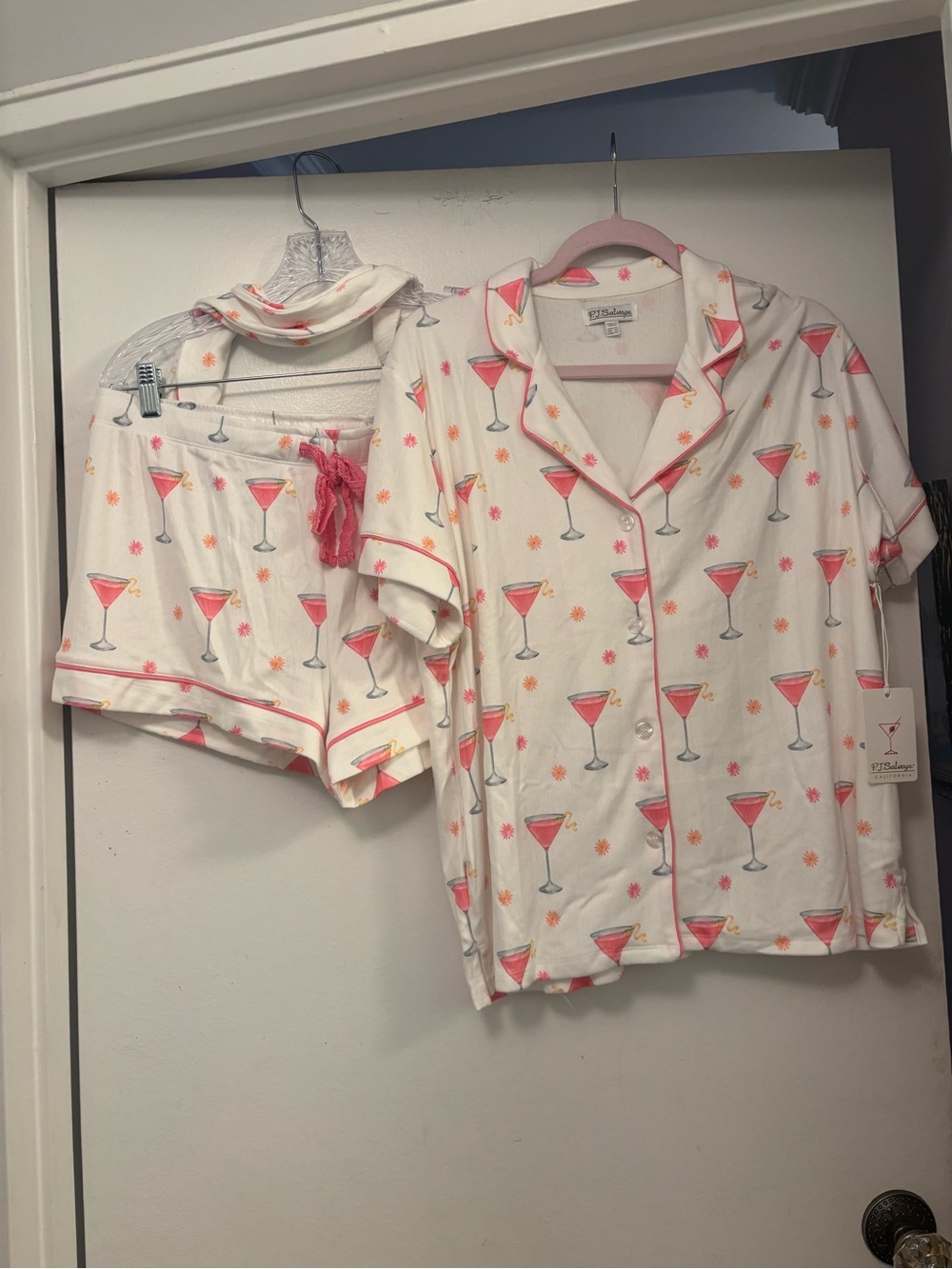 PJ Salvage White Short Sleeve Pajama Set with Pink Martini Print
